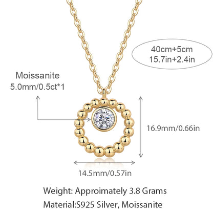 Collar de moissanita de plata 925 con colgante de círculo con cuentas de oro, piedra central de 5 mm y 0,5 ct, elegante y minimalista, joyería fina, regalo para mujer