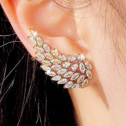 Pendientes de puño de hoja dorada con diamantes de imitación de cristal marquesa para mujer, fiesta, estilo romántico, joyería de moda, aleación chapada en oro