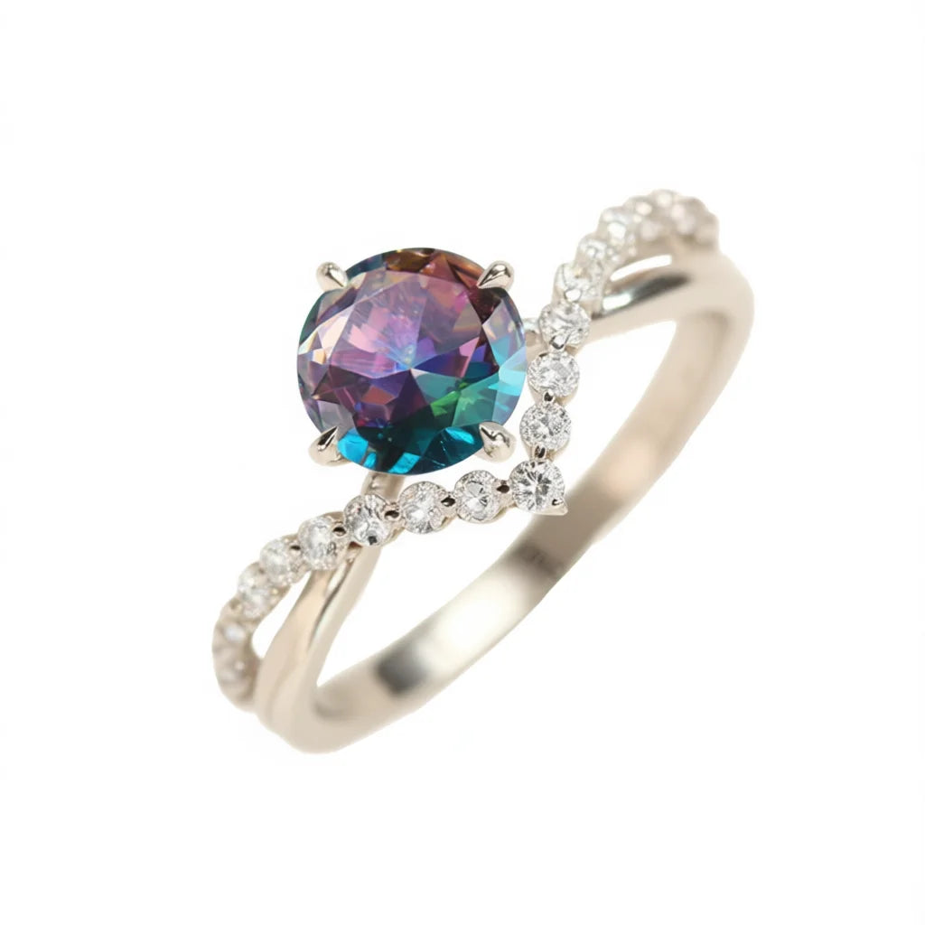 Anillo de compromiso de circonita cúbica de acero inoxidable colorido para mujer, con piedra redonda creada en laboratorio, engaste de puntas y detalles de diamantes H317