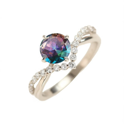 Anillo de compromiso de circonita cúbica de acero inoxidable colorido para mujer, con piedra redonda creada en laboratorio, engaste de puntas y detalles de diamantes H317