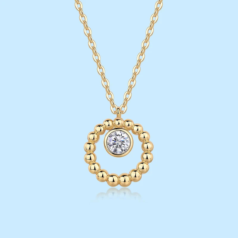Collar de moissanita de plata 925 con colgante de círculo con cuentas de oro, piedra central de 5 mm y 0,5 ct, elegante y minimalista, joyería fina, regalo para mujer