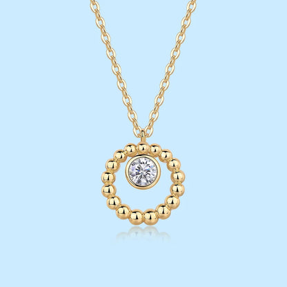 Collar de moissanita de plata 925 con colgante de círculo con cuentas de oro, piedra central de 5 mm y 0,5 ct, elegante y minimalista, joyería fina, regalo para mujer