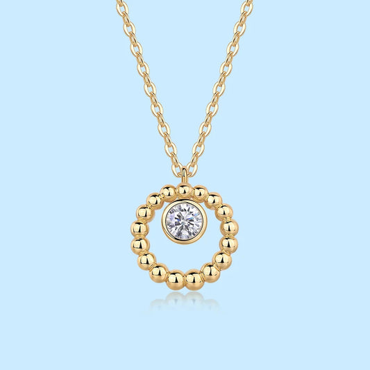 Collar de moissanita de plata 925 con colgante de círculo con cuentas de oro, piedra central de 5 mm y 0,5 ct, elegante y minimalista, joyería fina, regalo para mujer