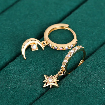 Pendientes de aro chapados en oro Lucky Charm con colgante de luna de ópalo para mujer, uso diario, estilo lindo