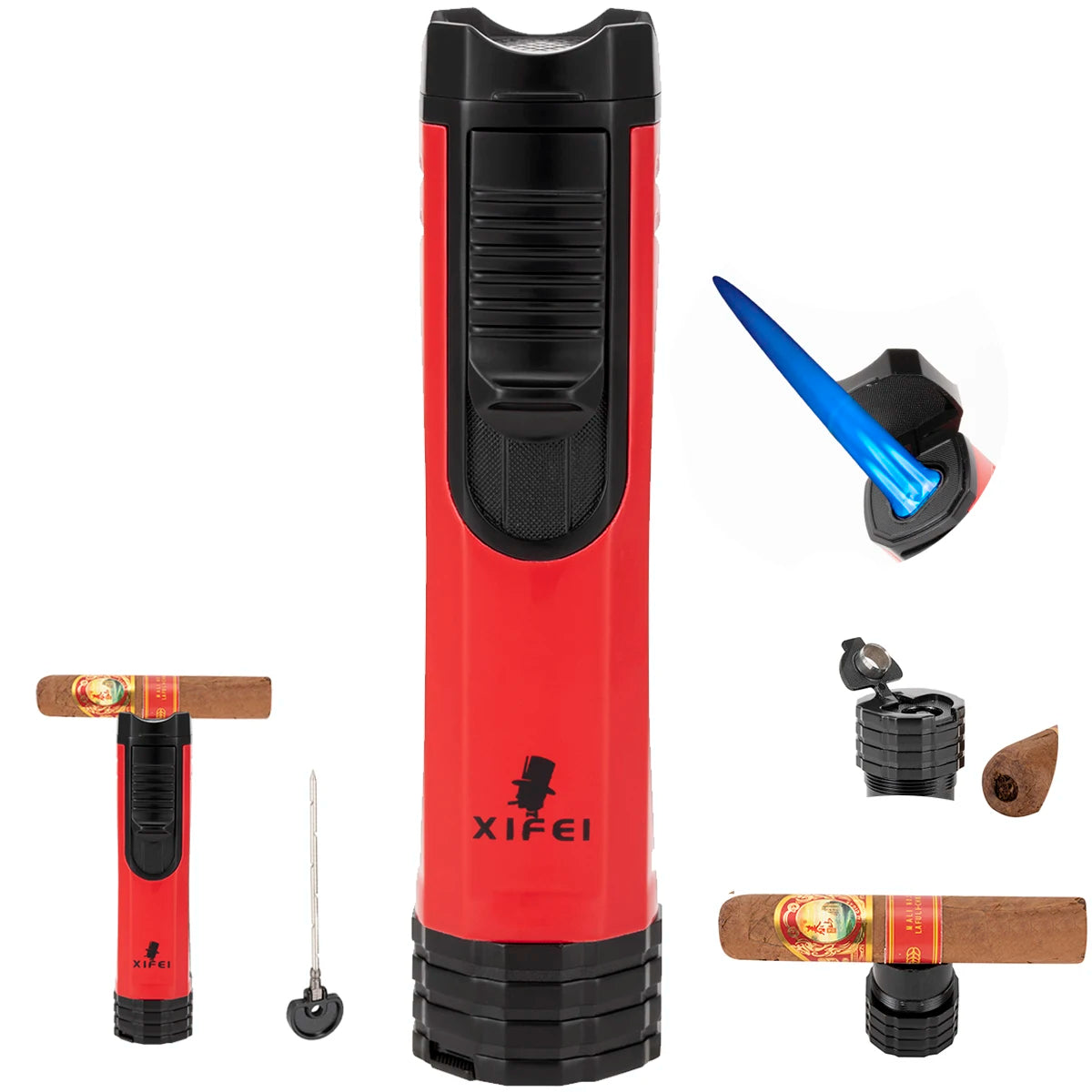 Encendedor de puros XIFEI a prueba de viento con perforador y aguja, de metal, portátil, con triple llama, multifunción, recargable, accesorios para fumadores