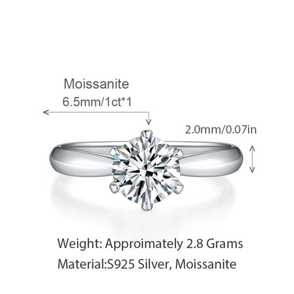 Anillo de Moissanita Personalizado de Seis Garras Femenino Elegante Anillo de Plata de Ley S925 Anillo de Joyería Fina para Mujer de Corte Brillante Redondo