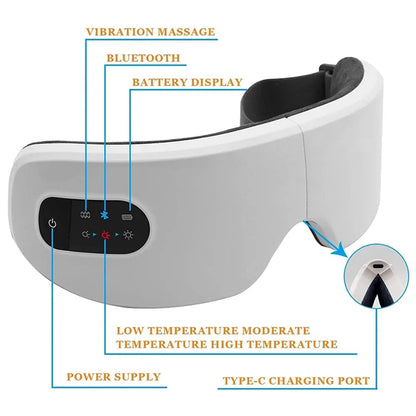 Masajeador ocular eléctrico Compresa caliente Alivio del estrés Calefacción Vibración Masaje Conectar música Relajación Cuidado ocular plegable Gafas inteligentes
