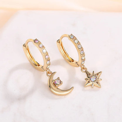 Pendientes de aro chapados en oro Lucky Charm con colgante de luna de ópalo para mujer, uso diario, estilo lindo