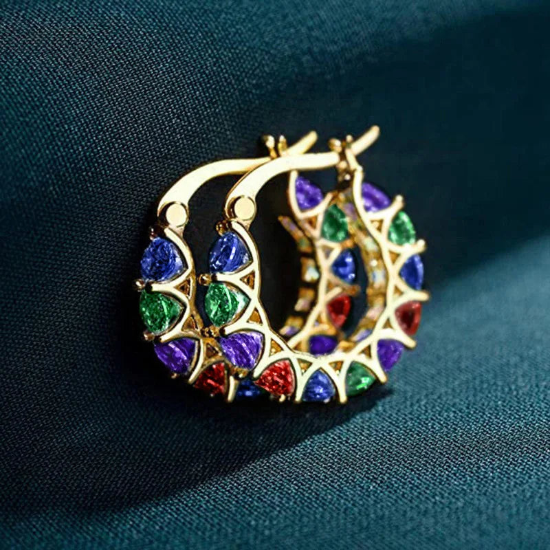 Pendientes de aro geométricos chapados en oro con diamantes de imitación de cristal multicolor para mujer, joyería de moda para fiesta E4386