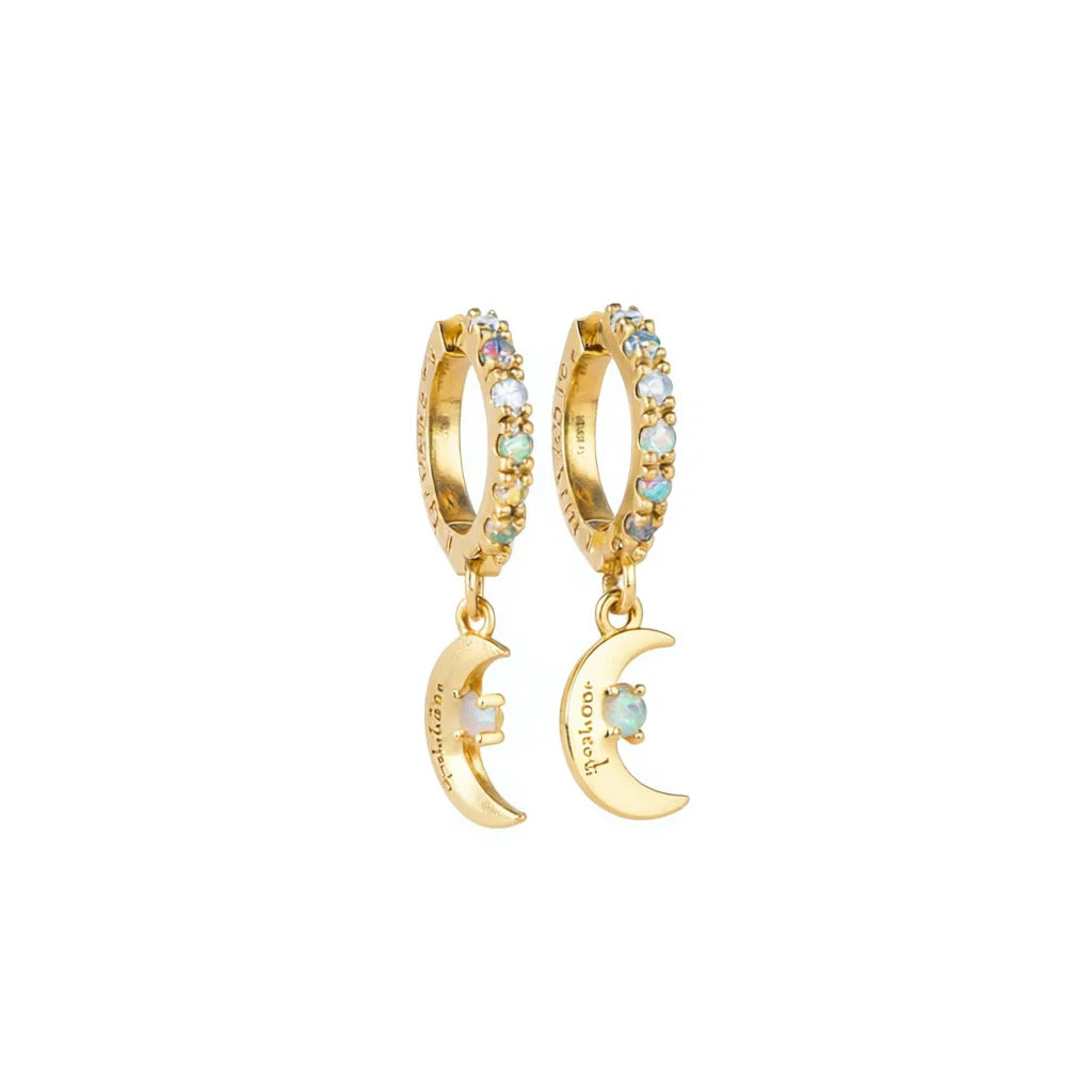 Pendientes de aro chapados en oro Lucky Charm con colgante de luna de ópalo para mujer, uso diario, estilo lindo