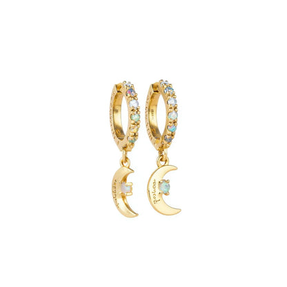 Pendientes de aro chapados en oro Lucky Charm con colgante de luna de ópalo para mujer, uso diario, estilo lindo