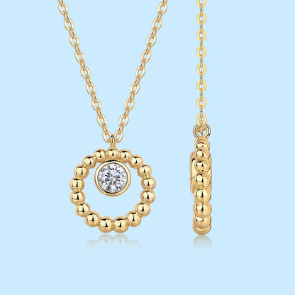 Collar de moissanita de plata 925 con colgante de círculo con cuentas de oro, piedra central de 5 mm y 0,5 ct, elegante y minimalista, joyería fina, regalo para mujer