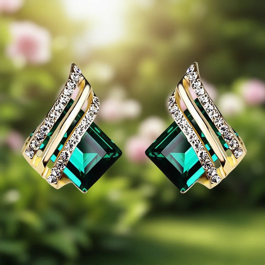 Blue 18K Gold Plated Geometric Stud Earrings with Crystal Rhinestone Princess Cut Trendy Wedding Fashion Jewelry for Women