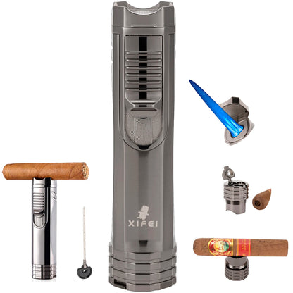 Encendedor de puros XIFEI a prueba de viento con perforador y aguja, de metal, portátil, con triple llama, multifunción, recargable, accesorios para fumadores