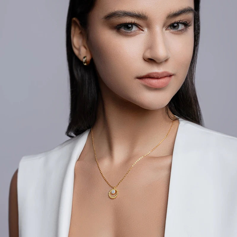 Collar de moissanita de plata 925 con colgante de círculo con cuentas de oro, piedra central de 5 mm y 0,5 ct, elegante y minimalista, joyería fina, regalo para mujer