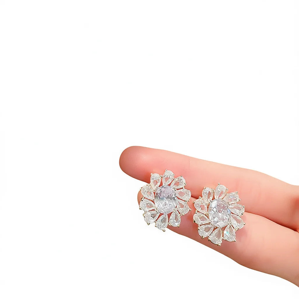 Pendientes de flor de oro blanco con cristales y pedrería en engaste de garra, joyería romántica de boda para mujer