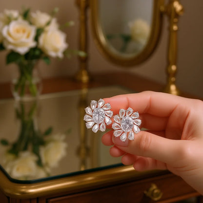 Pendientes de flor de oro blanco con cristales y pedrería en engaste de garra, joyería romántica de boda para mujer