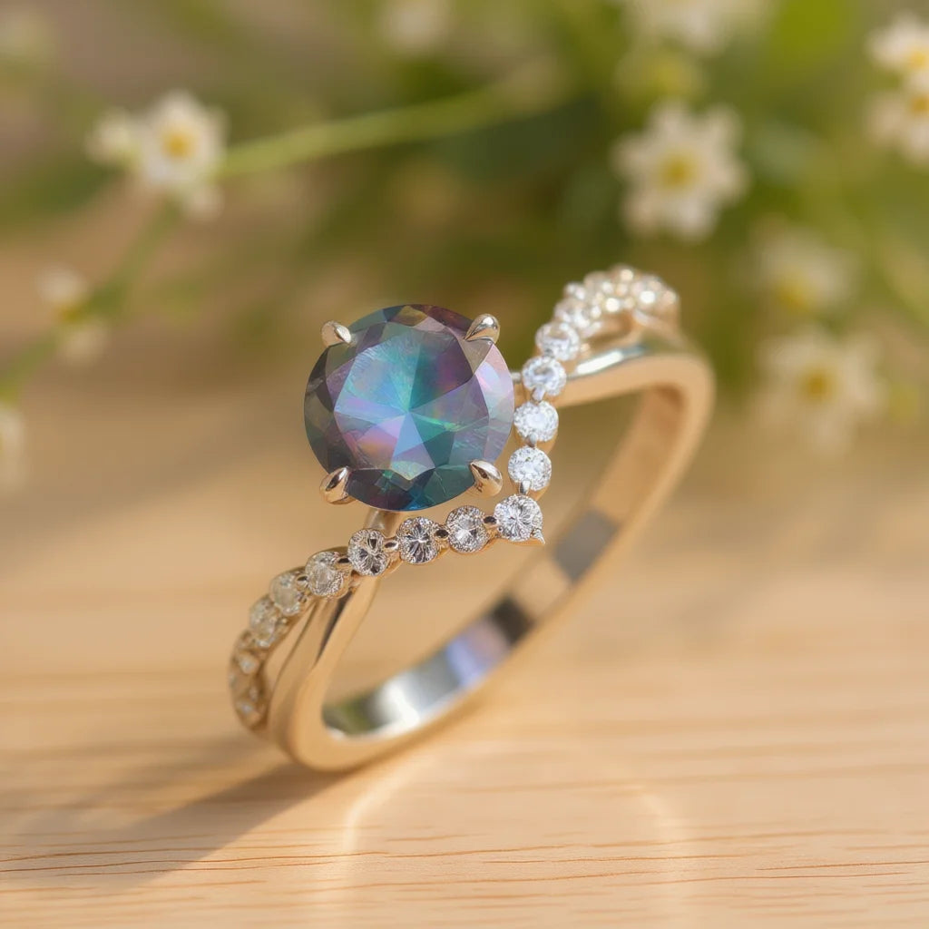Anillo de compromiso de circonita cúbica de acero inoxidable colorido para mujer, con piedra redonda creada en laboratorio, engaste de puntas y detalles de diamantes H317