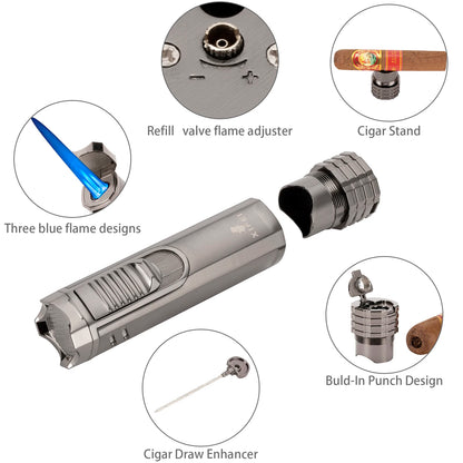 Encendedor de puros XIFEI a prueba de viento con perforador y aguja, de metal, portátil, con triple llama, multifunción, recargable, accesorios para fumadores