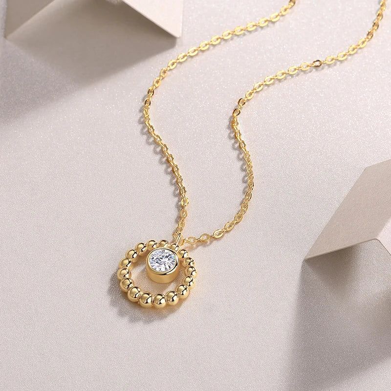Collar de moissanita de plata 925 con colgante de círculo con cuentas de oro, piedra central de 5 mm y 0,5 ct, elegante y minimalista, joyería fina, regalo para mujer