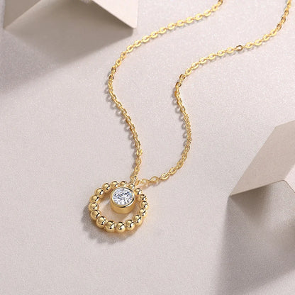 Collar de moissanita de plata 925 con colgante de círculo con cuentas de oro, piedra central de 5 mm y 0,5 ct, elegante y minimalista, joyería fina, regalo para mujer