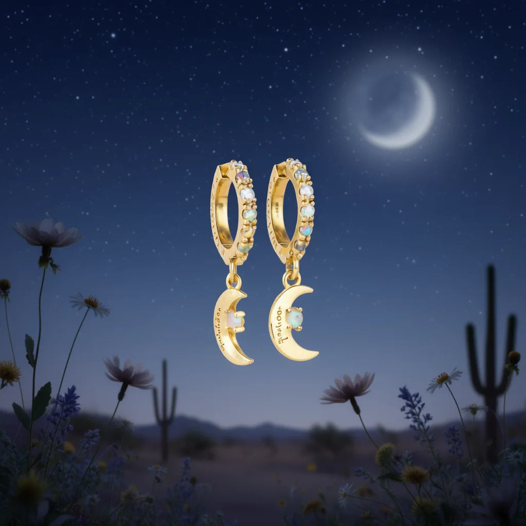Pendientes de aro chapados en oro Lucky Charm con colgante de luna de ópalo para mujer, uso diario, estilo lindo