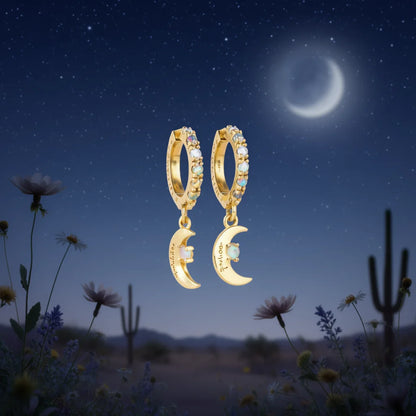 Pendientes de aro chapados en oro Lucky Charm con colgante de luna de ópalo para mujer, uso diario, estilo lindo