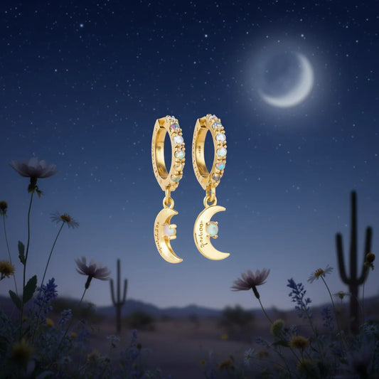 Lucky Charm Gold Plated Hoop Earrings With Opal Moon Pendant For Women Everyday Wear Cute Style