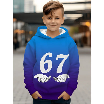 Ropa infantil Sudadera con capucha divertida con el número "67" para niños, sudadera informal deportiva de manga larga con capucha y tops para niños