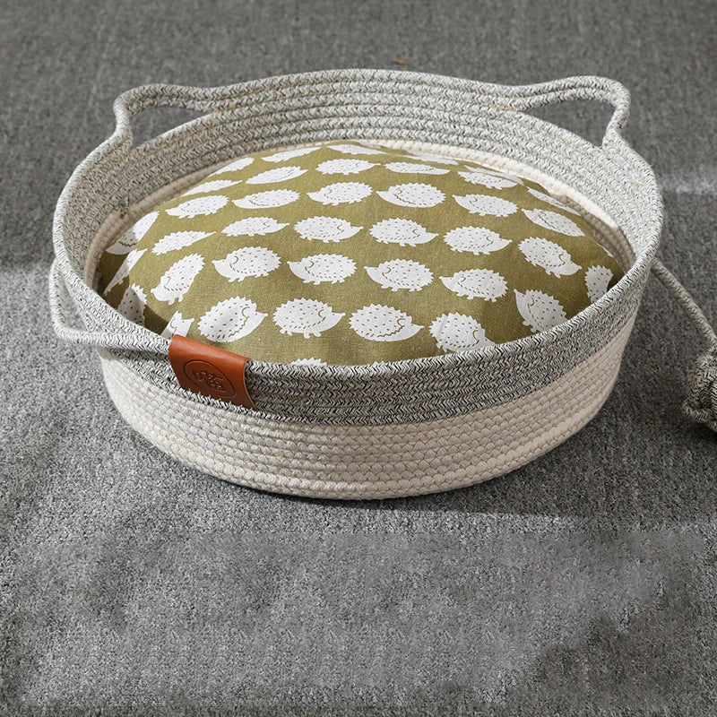 Cama para Gatos, Nido para Mascotas, Tejido de Ratán Puramente Manual, Tablero Rascador para Gatos de Enea, Almohadilla Cálida de Invierno Extraíble y Lavable para Todas las Estaciones