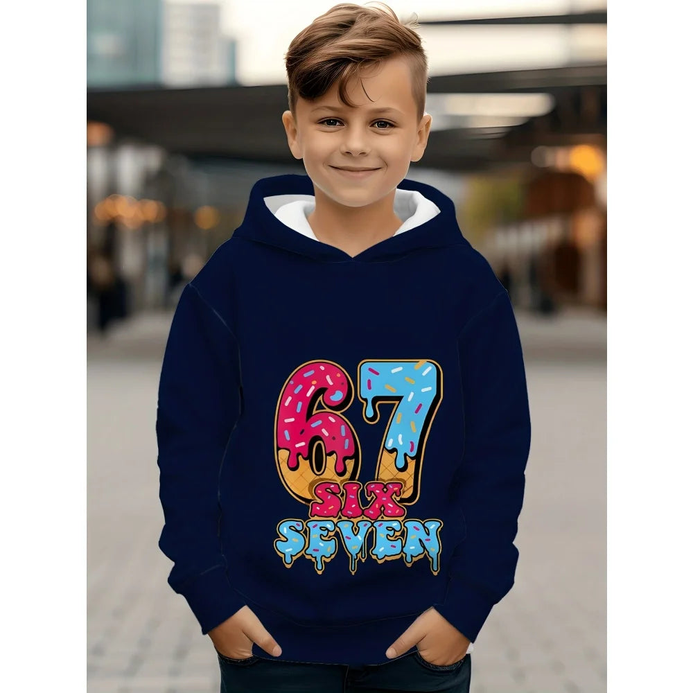 Ropa infantil Sudadera con capucha divertida con el número "67" para niños, sudadera informal deportiva de manga larga con capucha y tops para niños