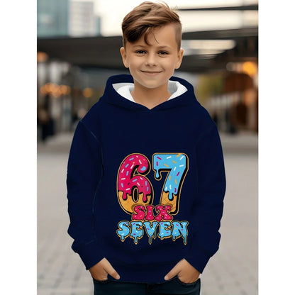 Ropa infantil Sudadera con capucha divertida con el número "67" para niños, sudadera informal deportiva de manga larga con capucha y tops para niños