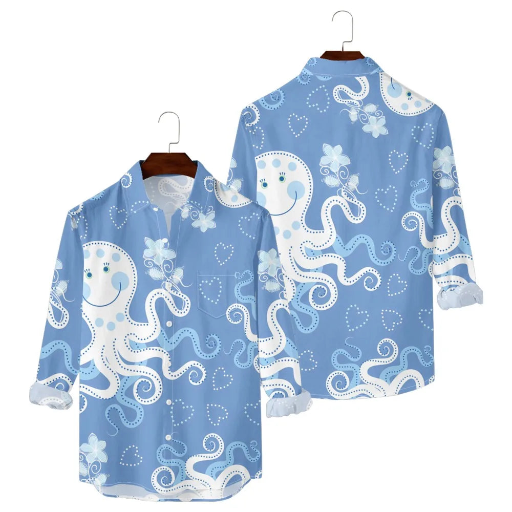 Hawaiian Men Shirts Fish Swarm Fishbone Print Full Sleeve Casual Button Up Beach Parties Travel Poolside Ocean Punk Fusion Shirt