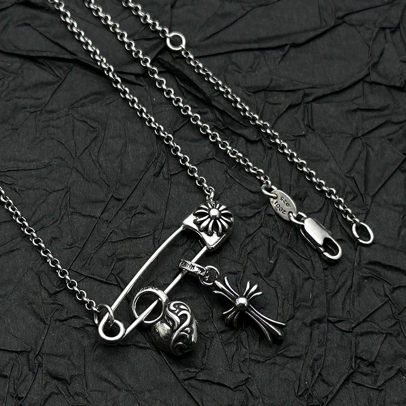 Plata de Ley S925, Retro y Antiguo Collar con Colgante de Corazón de Melocotón y Cruz, Personalidad Europea y Americana para Hombres y Mujeres