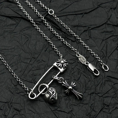 Plata de Ley S925, Retro y Antiguo Collar con Colgante de Corazón de Melocotón y Cruz, Personalidad Europea y Americana para Hombres y Mujeres