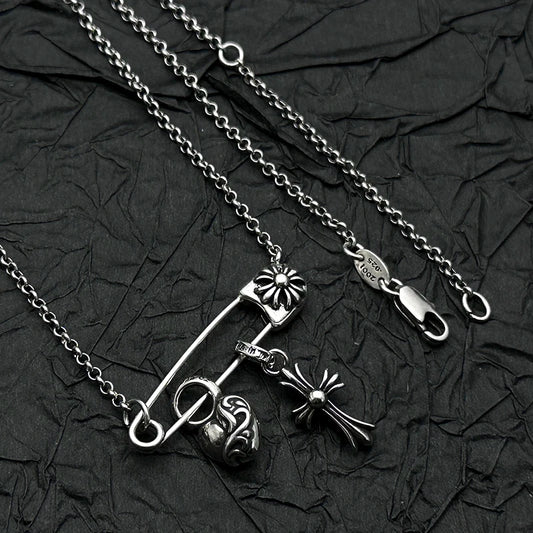 Plata de Ley S925, Retro y Antiguo Collar con Colgante de Corazón de Melocotón y Cruz, Personalidad Europea y Americana para Hombres y Mujeres
