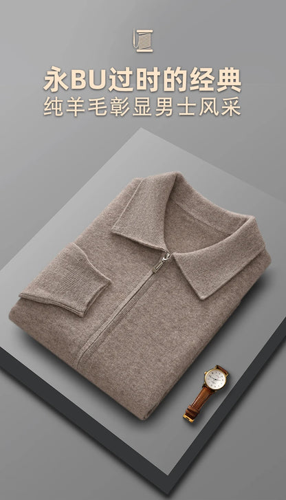 Suéter 100% Lana Merino para Hombre, Cuello Polo, Cierre de Cremallera, Cártigan de Negocios, Chaqueta de Cachemira, Tejido para Otoño Invierno