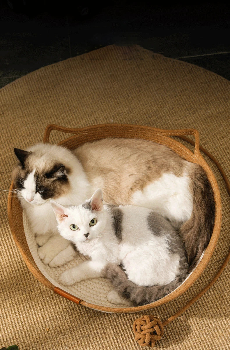 Cama para Gatos, Nido para Mascotas, Tejido de Ratán Puramente Manual, Tablero Rascador para Gatos de Enea, Almohadilla Cálida de Invierno Extraíble y Lavable para Todas las Estaciones