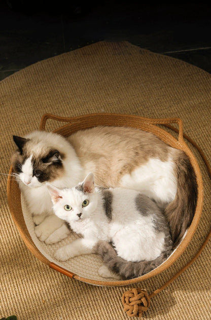 Cama para Gatos, Nido para Mascotas, Tejido de Ratán Puramente Manual, Tablero Rascador para Gatos de Enea, Almohadilla Cálida de Invierno Extraíble y Lavable para Todas las Estaciones