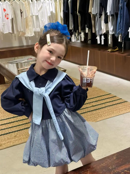2025 Corea Niñas Bebé Vestido Verano Primavera Otoño Cuadros Retazos Vestidos Casuales Moda Niños Ropa Vestidos