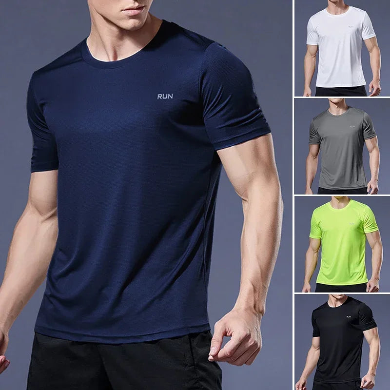 Camiseta de verano elástica para hombre, transpirable, de seda helada, de manga corta, casual, de secado rápido, para gimnasio, correr, ropa masculina