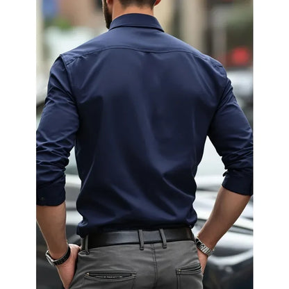 Camisas de negocios para hombre elásticas para las cuatro estaciones, de manga larga, de color sólido, elegantes, informales, de la marca 2025