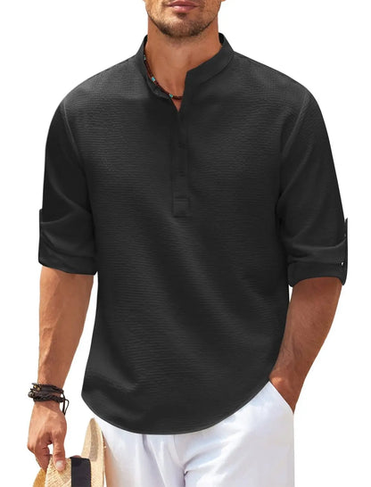 Spring Summer Men's Cotton Linen Polo Shirts Casual Long Sleeve Lightweight Henley Neck Solid Color Tops  Beach Shirts Fashion