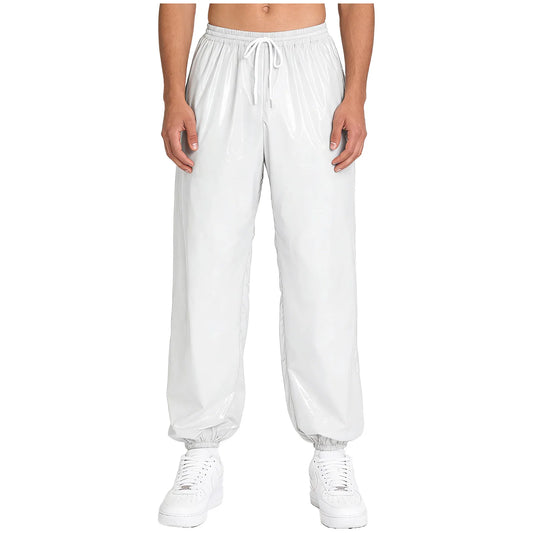 Pantalones Holgados Brillantes para Hombre Y2K con Cordón en la Cintura, Elástico en la Cintura, Bolsillos Laterales, Pantalones de Chándal Holgados y Brillantes, Disfraces de Hip Hop