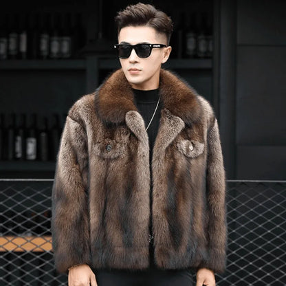 Abrigo de Piel de Visón de Lujo para Hombre, Chaqueta de Abrigo de Piel de Zorro Gruesa de Invierno, Abrigo de Piel Corto, de Moda y Cómodo, con Cuello Doblado