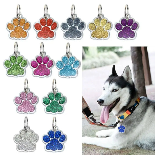 Placas de identificación para perros y gatos, colgante con purpurina, huella de pata de cachorro, etiqueta para collar de mascota, accesorios para mascotas