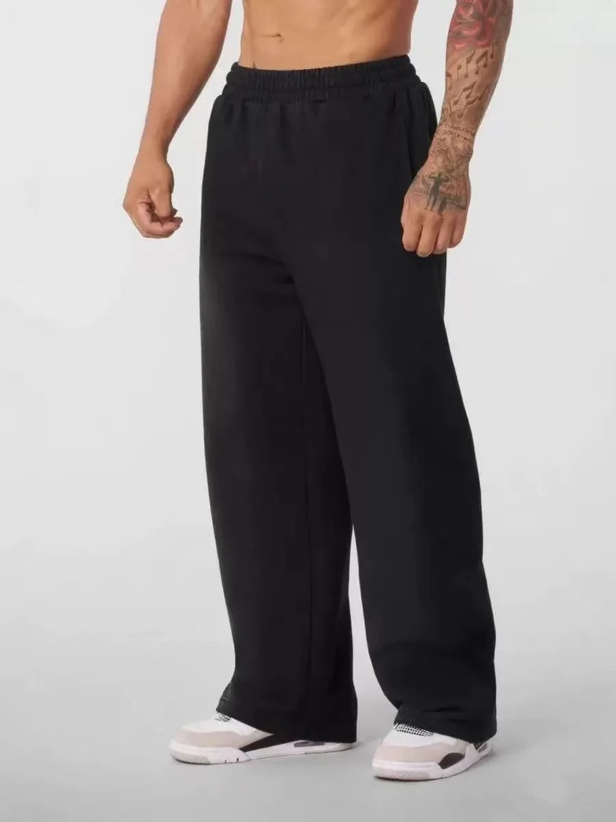 Men's American Style Loose Fit Sport Pants Casual Running Fitness Straight Leg Long Trousers  Elastic Waist  Gym Workout Clothes