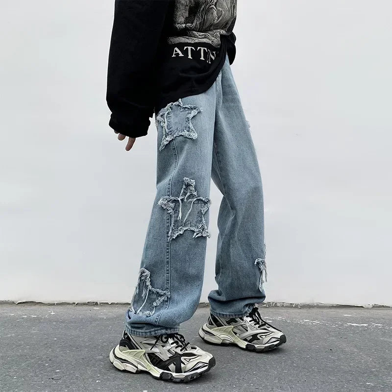Pantalones de mezclilla marrones 2025 New Fashion Stars Towel Embroidery para hombre Y2K Ropa Pantalones rectos de algodón Hip Hop Pantalones de hombre
