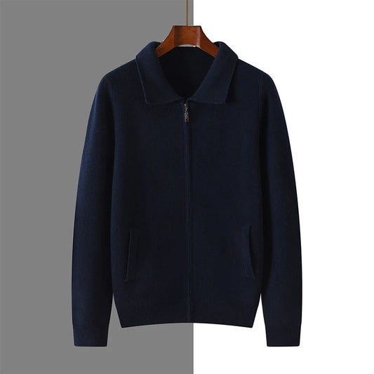 Suéter 100% Lana Merino para Hombre, Cuello Polo, Cierre de Cremallera, Cártigan de Negocios, Chaqueta de Cachemira, Tejido para Otoño Invierno