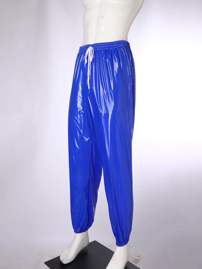 Pantalones Holgados Brillantes para Hombre Y2K con Cordón en la Cintura, Elástico en la Cintura, Bolsillos Laterales, Pantalones de Chándal Holgados y Brillantes, Disfraces de Hip Hop